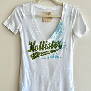 Hollister California Classic Palm Tree Print V-Neck, White/Blue/Green, Size XS